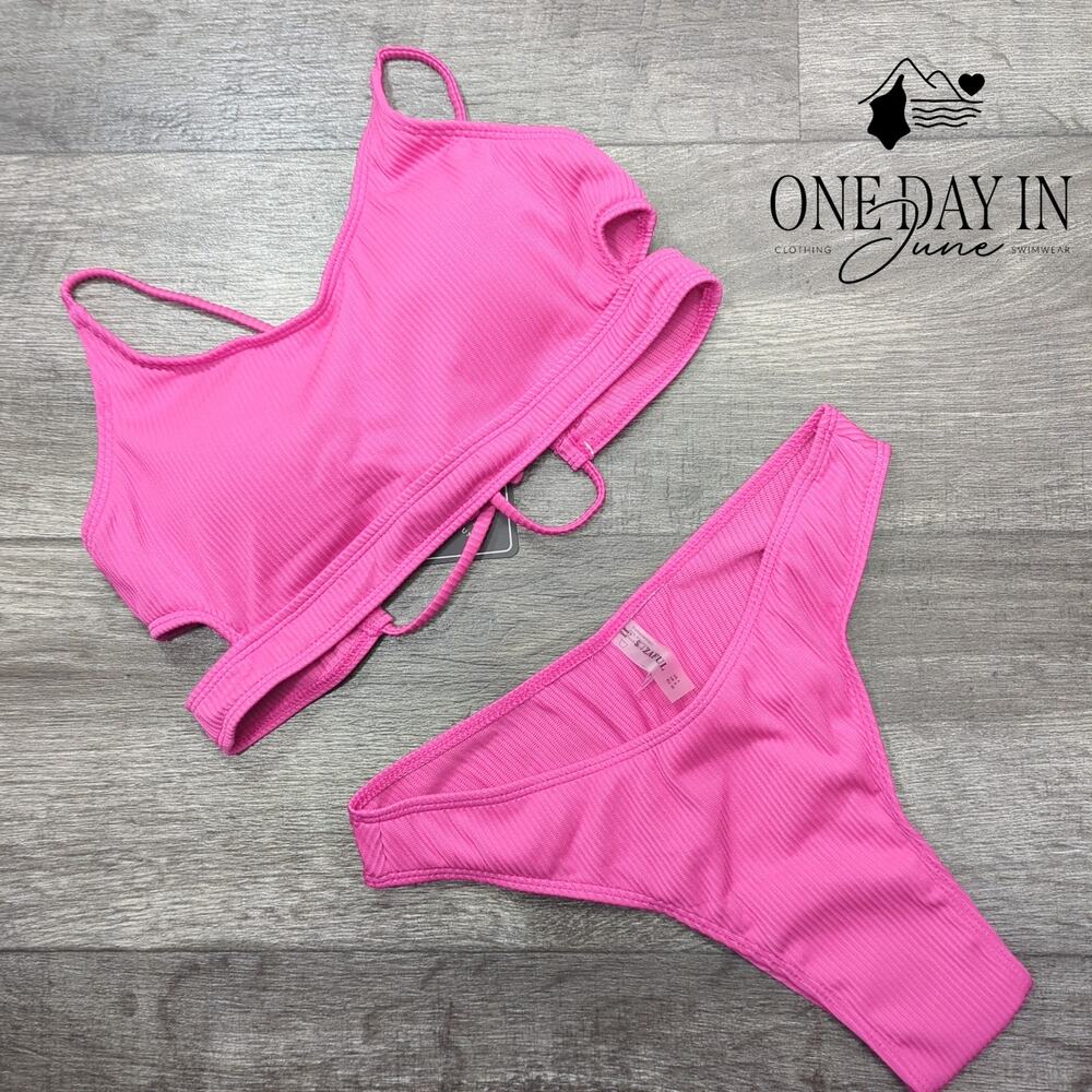 Zaful Lace Up Back Ribbed Cheeky Bikini Swimsuit Size S